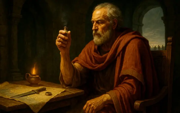 Sürgünde yaşayan yaşlı Hannibal Barca’nın bir masada oturup küçük bir zehir şişesini düşündürücü bir ifadeyle incelediği sahne; masada bir hançer, mühür yüzüğü ve haritalar bulunuyor, loş ışık ortamı dramatik bir atmosfer yaratıyor.